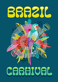 Template with flowers and parrot. Brazil carnival. Vector design for carnival concept and other