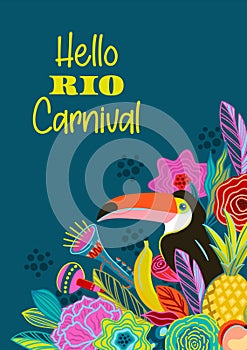 Template with flowers and toucan. Brazil carnival. Vector design for carnival concept and other