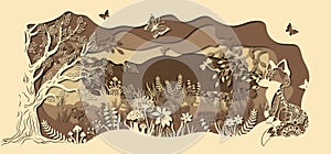 Template fox on glade for to cut with a laser from paper. Line with mushrooms, grass, and butterflies, wood and flowers. For