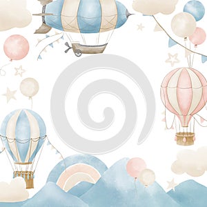 Template for Frame with hot air Balloons, clouds and rainbow. Hand drawn watercolor illustration with pastel aircrafts