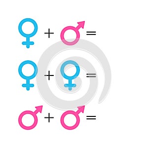 Template gender icon. Pink female and blue male symbol. Set of gender symbols and relationship icons. Orientation concept. Vector