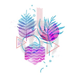 Template geometric design for summer season sales. Abstract background with watercolor texture and tropical leaf. Modern