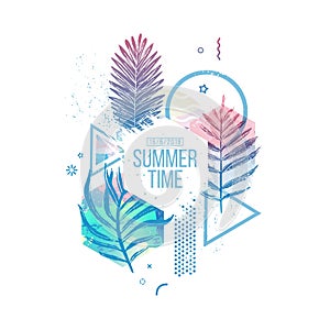 Template geometric design for summer season sales. Layout with geometric elements, watercolor texture and tropical leaf