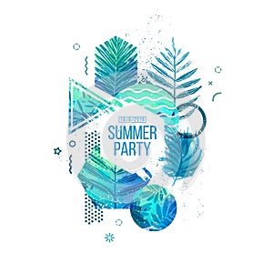 Template geometric design for summer season sales. Layout with geometric elements, watercolor texture and tropical leaf