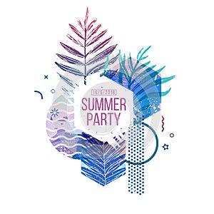 Template geometric design for summer season sales. Layout with geometric elements, watercolor texture and tropical leaf