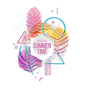 Template geometric design for summer season sales. Layout with geometric elements, watercolor texture and tropical leaf