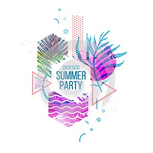 Template geometric design for summer season sales. Layout with geometric elements, watercolor texture and tropical leaf