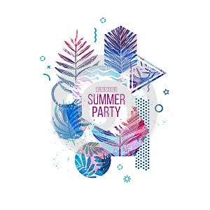 Template geometric design for summer season sales. Layout with geometric elements, watercolor texture and tropical leaf