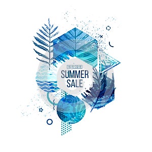 Template geometric design for summer season sales. Layout with geometric elements, watercolor texture and tropical leaf
