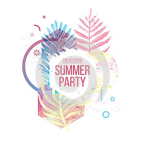 Template geometric design for summer season sales. Layout with geometric elements, watercolor texture and tropical leaf