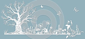 Template glade for to cut with a laser from paper. Line with mushrooms, grass, and butterflies, wood and flowers. For decoration