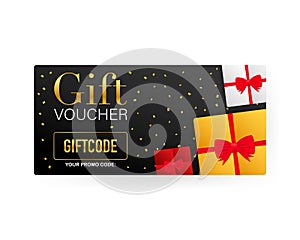 Template gold gift card. Promo code. Vector Gift Voucher with Coupon Code. Vector stock illustration