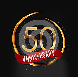 Template Gold Logo 50 Years Anniversary with Red Ribbon Vector Illustration