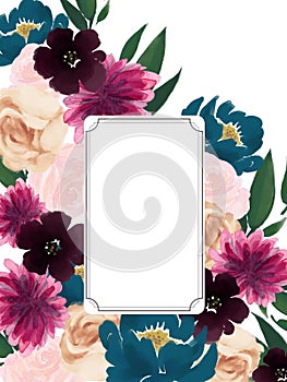 Template greeting border frame invitation and product design garden rose, peony, carnation, camellia  flowers and meadow wild