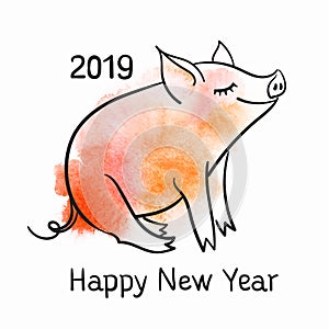 Template for greeting card. Black and white linear vector illustration. The pig is a symbol of the New Year of 2019.