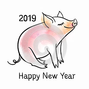 Template for greeting card. Black and white linear vector illustration. The pig is a symbol of the New Year of 2019.