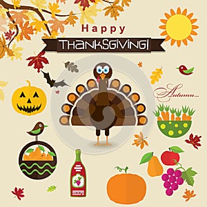 Template greeting card with a happy Thanksgiving turkey, vector