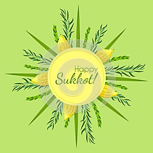 Template greeting card holiday Sukkot with palm leaves, lemon and circle frame