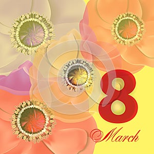Template Greeting card March 8 International Women`s Day. Background with flowers. Vector