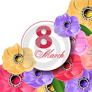 Template Greeting card March 8 International Women`s Day. Background with flowers. Vector