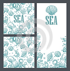 Template for greeting card and seamless pattern. Sea shell, octopus