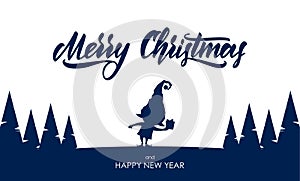 Template for greeting card. Silhouette of elf with gift and hand lettering of Merry Christmas