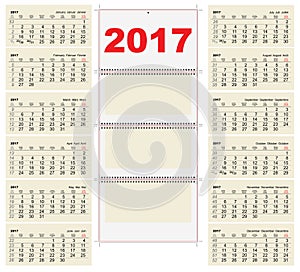 Template grid Wall Calendar 2017. First Day Monday