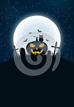 Template for Halloween party. The night scene of horrors. The concept of crosses, graves and glowing pumpkin. The black owl. Full