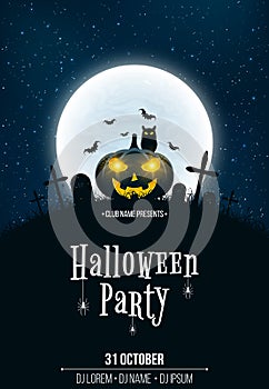 Template for Halloween party. The night scene of horrors. The concept of crosses, graves and pumpkin with luminous yellow eyes. Th