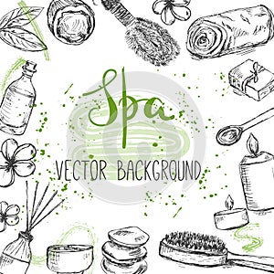 Template with hand drawn beauty and spa related products and objects and place for text