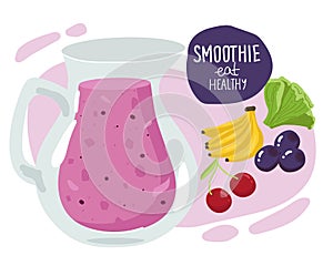 Template with hand drawn jar with smoothie in bright colors Superfoods and health or detox diet food concept in sketch style