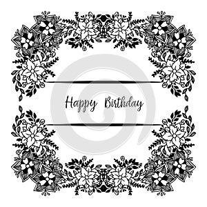 Template of happy birthday, design greeting card or invitation card, with cute wreath frame. Vector