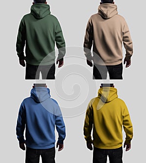 Template hoodie oversized for a man, bright colored clothing, back view, isolated on background with shadows. Set