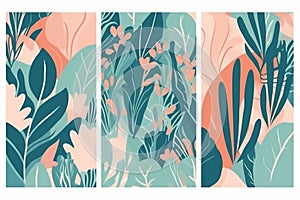 template illustration art design set abstract jungle leaf nature poster. Generative AI.