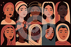 Template Illustration Cartoon flat design faces of women from diverse ethnicities. International Women\'s Day. AI