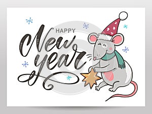 Template image Happy new year party with rat, white background new year 2020. Funny sketch mouse Vector illustration