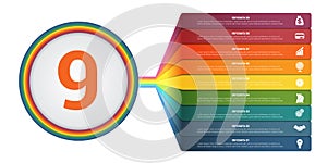 Template Infographics 9 positions. Colourful numbered strips with prospect. Infographic
