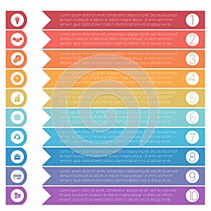 Template infographics from colorful hrizontal arrows for 10 positions
