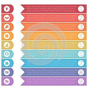 Template infographics from colorful hrizontal arrows for 9 posit