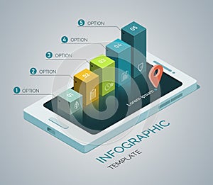 Template infographics. Mobile phone concept with 5 columns, steps, options. 3d Isometric