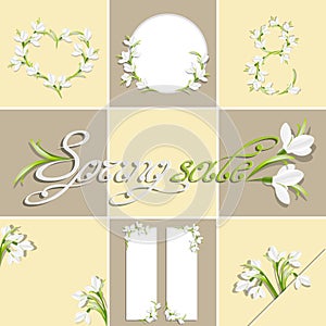 Template for the inscription with snowdrop flowers. Spring frame. Mockup with spring sale inscription and blooming flowers. Floral