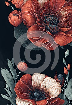 Template for invatation with red flowers. AI photo