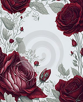 Template for invatation with red roses and white background. AI