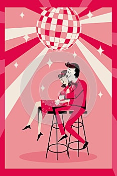 Template for invitation, banner, poster. Loving couple in a bar at a party. Retro-style. Minimalism.