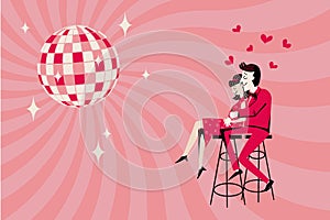 Template for invitation, banner, poster. Loving couple in a bar at a wind-up retro party. Psychedelic background. Retro