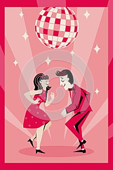 Template for invitation, banner, poster. Loving couple dancing in a bar at a party. Retro-style. Minimalism.