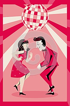 Template for invitation, banner, poster. Loving couple dancing at a party. Retro-style. Minimalism.