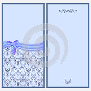 Template invitation card with a satin ribbon and bow with Victorian pattern.