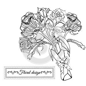 Template for invitation or greeting card of blossoming monochrome rose flowers. Hand drawn ink sketch on white background.