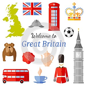 Template with an invitation to the UK. Banner with famous symbols of England. Vector illusation